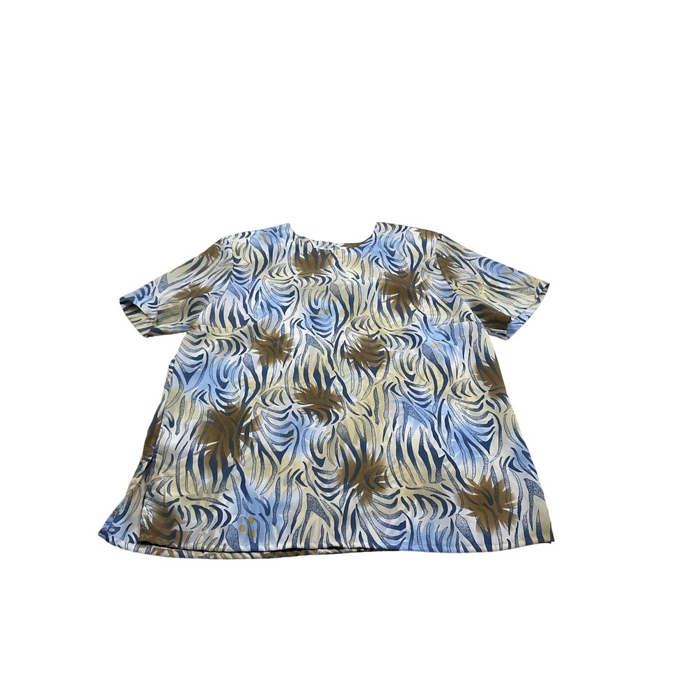 KC Studio Womens Medium Blue Tan Abstract Tropical Print Short Sleeve Blouse Top